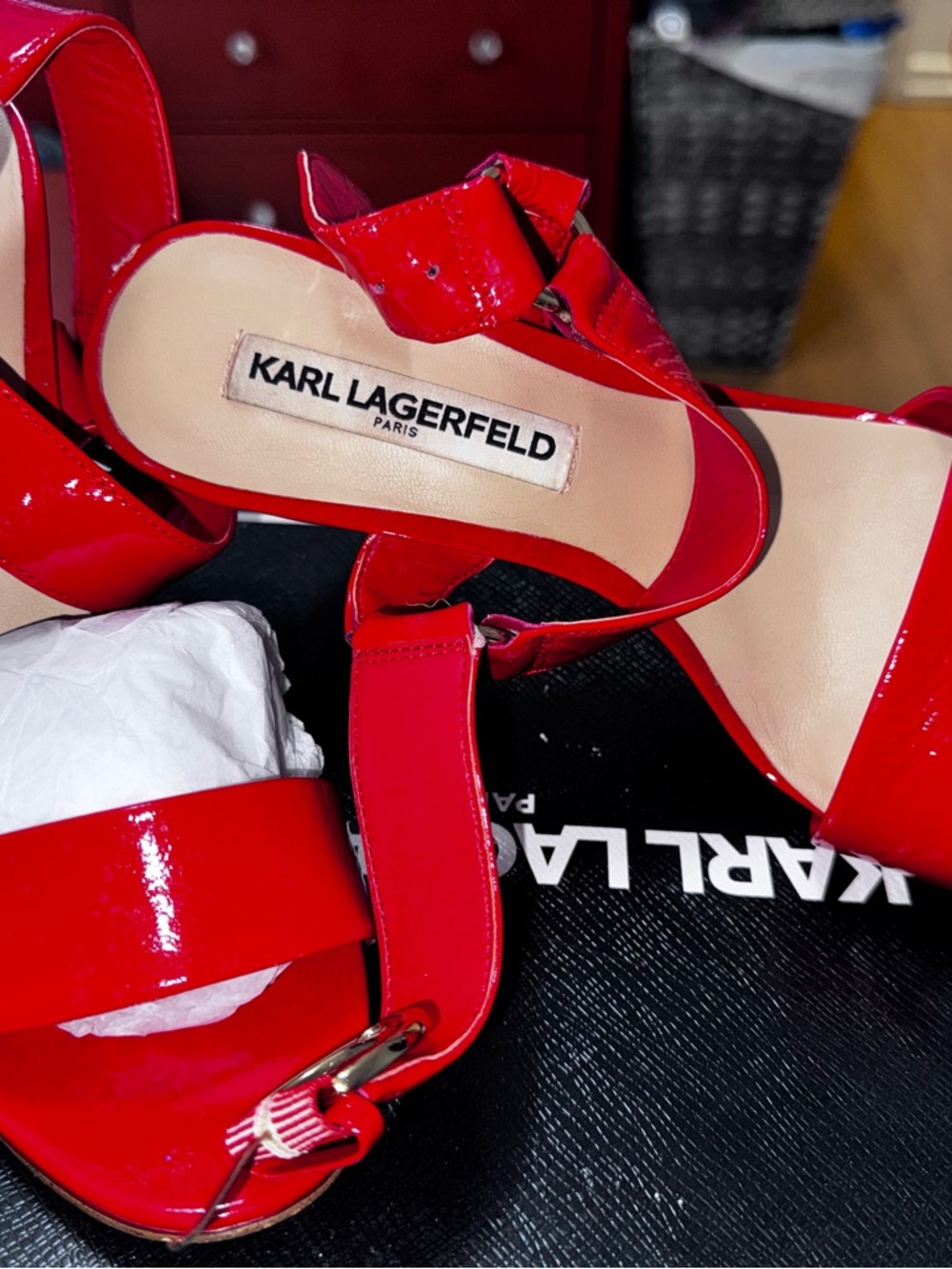 Karl Lagerfeld Glossy Red Patent Slingback Heels with Bow